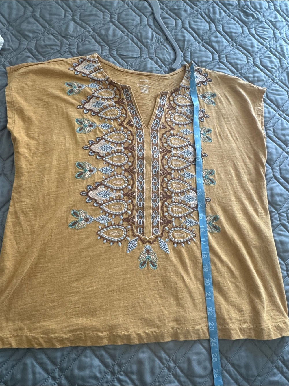 Pure Jill Embroidered Mustard Color Cap Sleeve Knit Top Size Large - Picture 3 of 4
